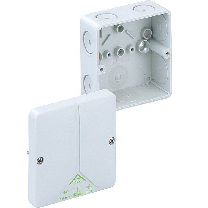 Фото Розподільча коробка Abox 040-L (93х93х55). Введеня-8 місць (7-М20, 1-М20 на днищі), IP65